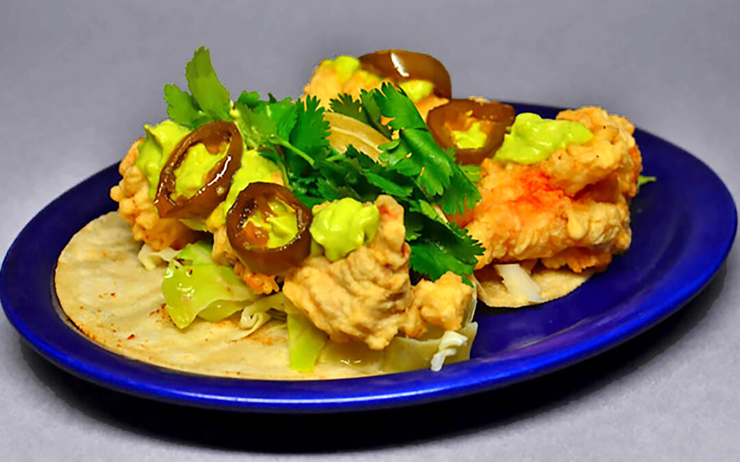 Lobster Tacos with Cabbage Slaw and Avocado Cream