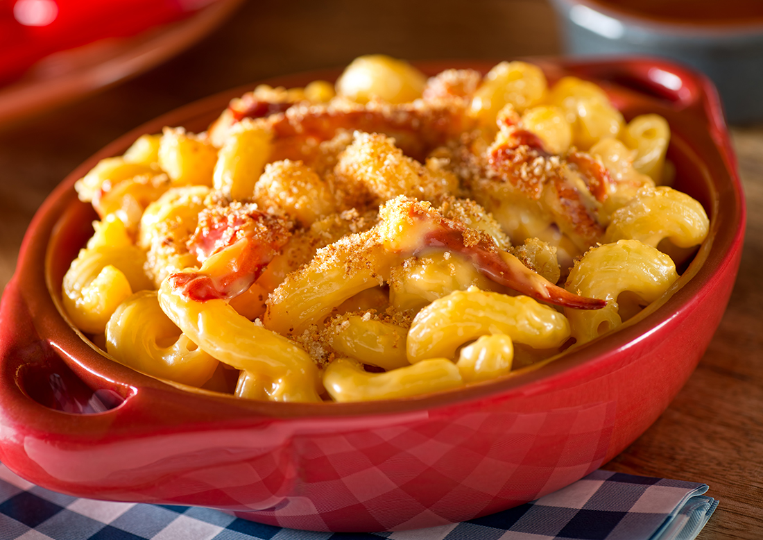 A bowl of delicious home made lobster mac and cheese.