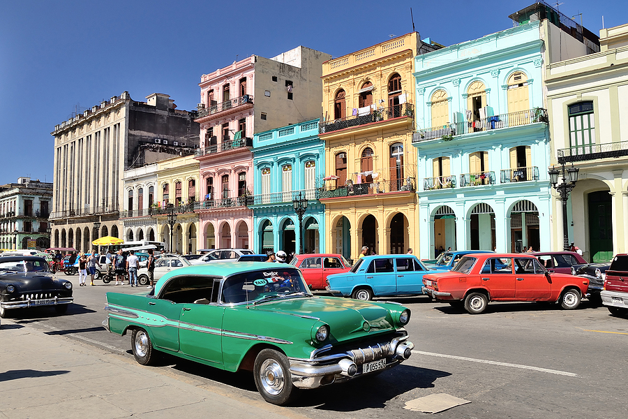 HAVANA, CUBA - MAY 5, 2014. Green retro car on the street in the center of Havana, Cuba.