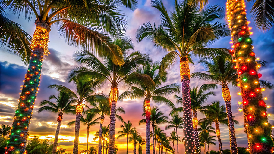Festive Christmas Lighting on Palm Trees for Tropical Holiday Decor
